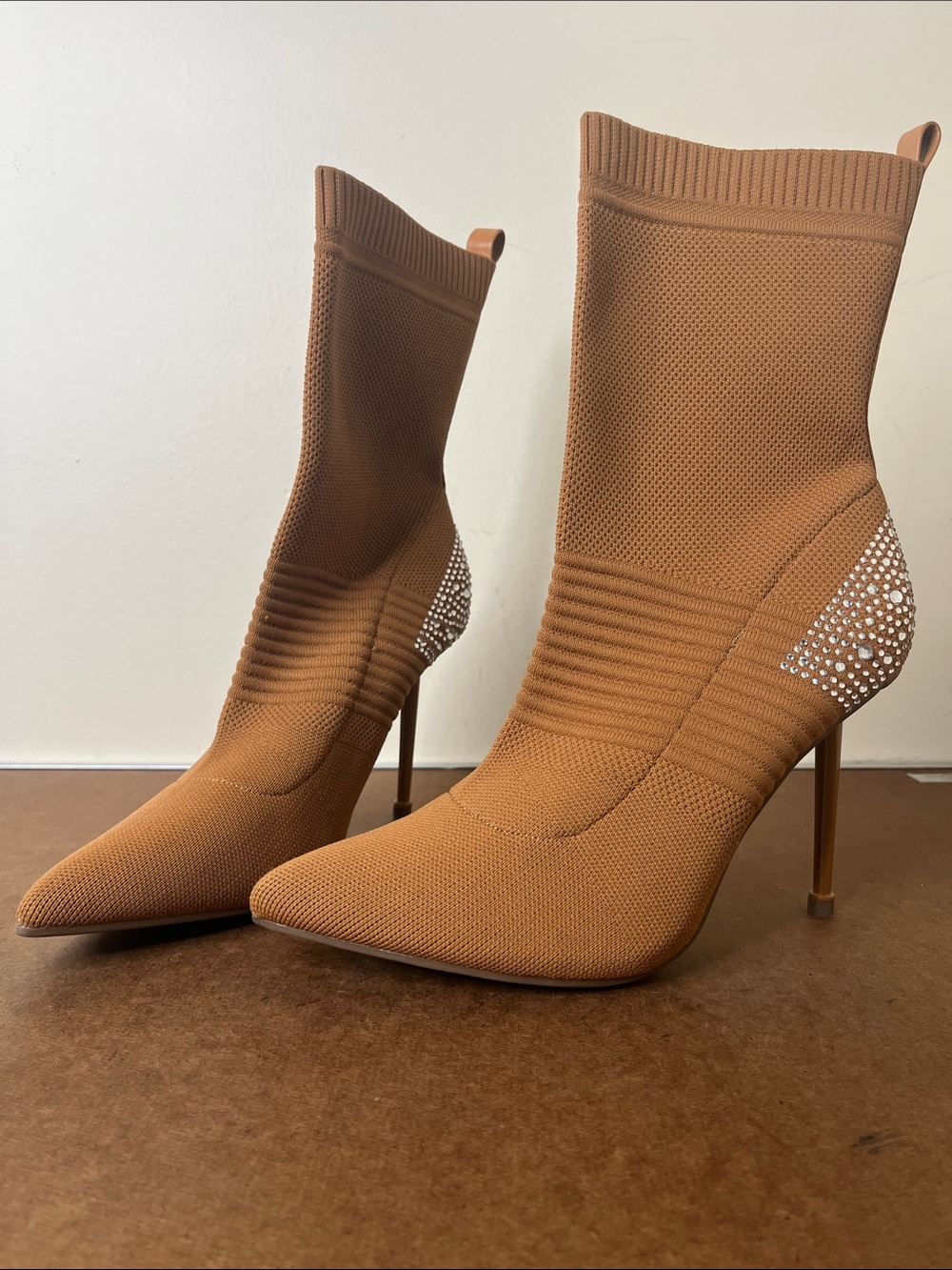 It’S Rhinestone-Embellished Knit Stiletto Sock Boots in Camel NWT